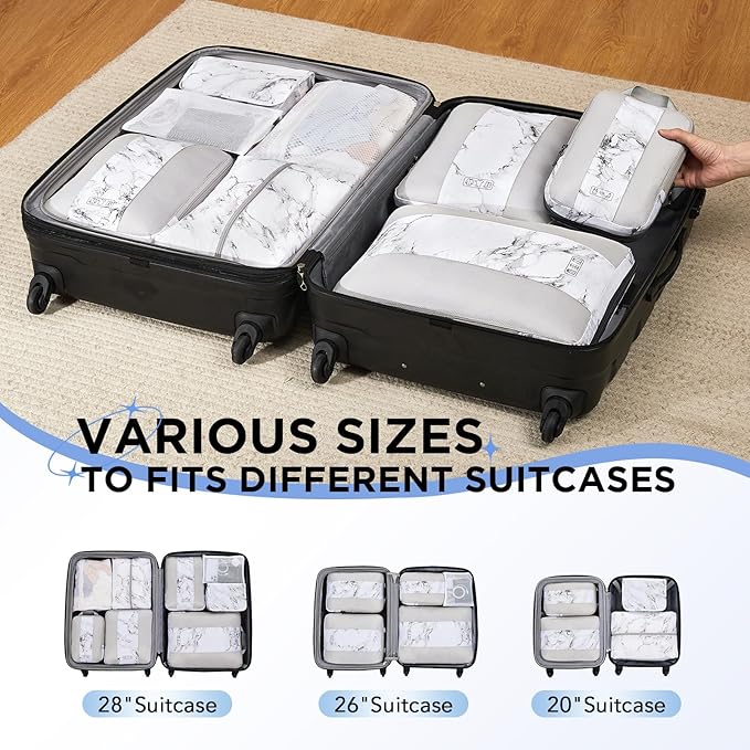 8 Set Compression Packing Cubes for Travel Essentials,Compressible Expandable Packing Cubes for Suitcase,OlarHike Luggage Organizer Bags for Travel,Handy Helper for Organizing Clothes(White Marble)