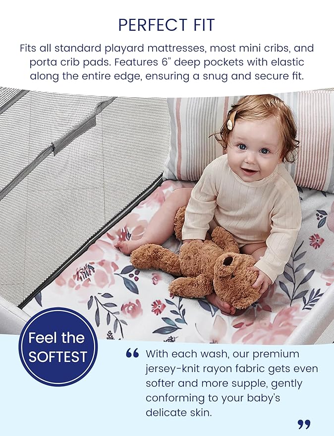 Graco Pack and Play Sheets Fitted, TotAha Buttery Soft Mini Crib Sheets Girl, Floral Pack N Play Mattress Sheets Hypoallergenic, Premium Jersey Playrad Sheets, Meredith Allover & Pale Pink, 2 Pack