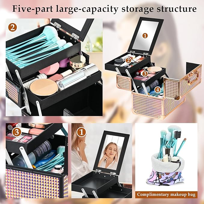 Makeup Case Organizer,Makeup Train Case, Trays Cosmetic Box Portable, Profesional for Salon Barber, Colorful Pink