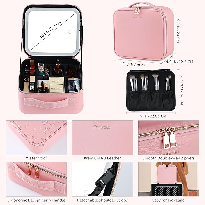 Travel Makeup Bag with LED Mirror – Waterproof Cosmetic Train Case with Adjustable Dividers, Portable Makeup Organizer and Toiletry Bag for Women, Teens & Girls Gift, Pink