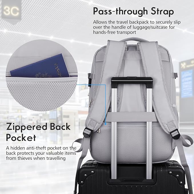 MOMUVO Large Travel Backpack Women, Flight Approved Carry On Backpack, Water Resistant Anti-Theft Large Casual Daypack Fit 17 Inch Laptop with USB Charging Port, Grey
