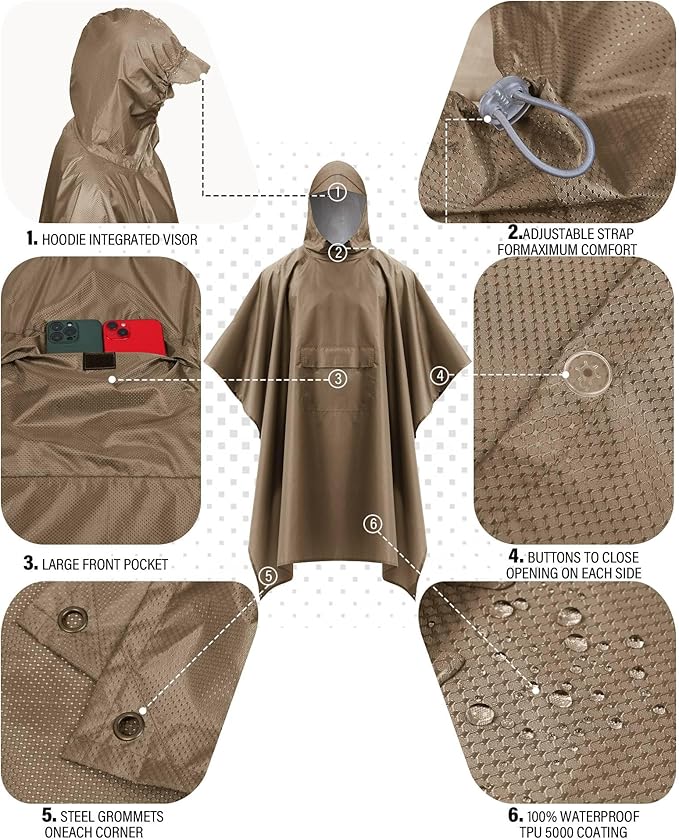 iCreek Hooded Rain Poncho with Pocket Waterproof Lightweight Unisex Raincoat Jacket for Hiking, Camping, Outdoor