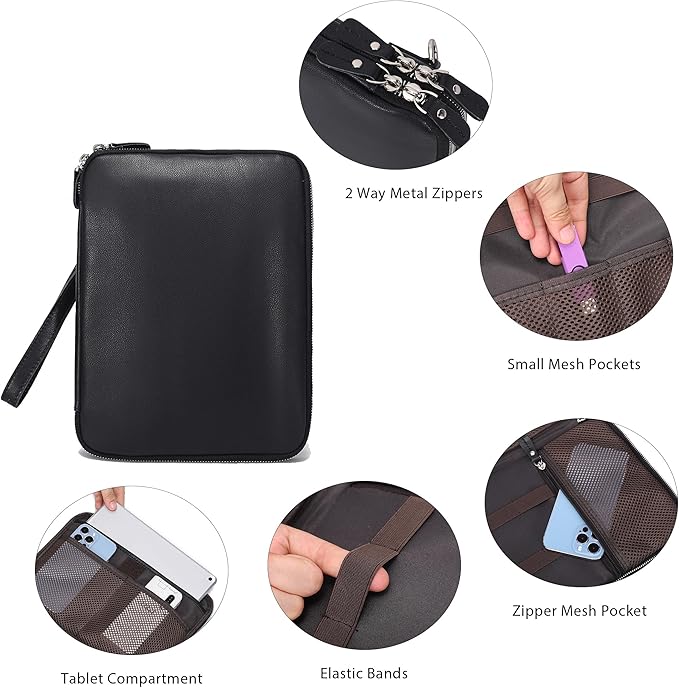 LANNSYNE Full Grain Leather Travel Cable Accessories Bag, Electronic Organizer Carry Case Double Layer Storage Case for Cables, Charger, Phone, Power Bank