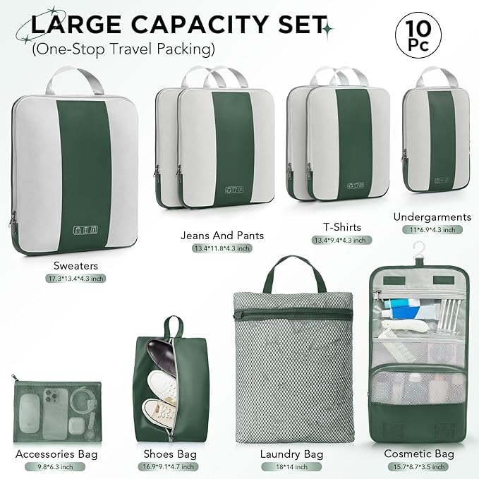 10 Set Compression Packing Cubes for Travel Essentials,Compressible Expandable Packing Cubes for Suitcase,OlarHike Luggage Organizer Bags for Travel,Handy Helper for Organizing Clothes(Dark Green)