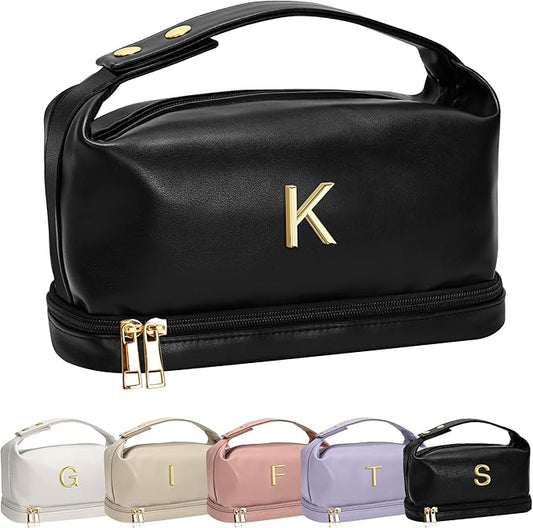 College Girls Gifts, Monogrammed Gifts for Women Makeup Bag with Handle, Double Layer Cosmetic Bag with Makeup Brush Organizer, PU Leather Travel Toiletry Bag, Gifts for Friends Female Mom