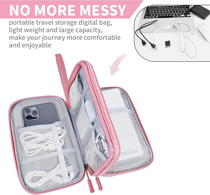 Electronics Organizer Travel Case,Electronic Accessories Storage Bag,Portable Waterproof Cable Organizer Bag,Travel Cord Organizer Bag for Small Charging Cord Storage,Cables,SD Card-Pink
