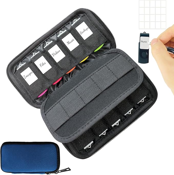 JBOS USB Flash Drive Case with 10 USB Drive Slots and 10 Memory Card Slots Storage Organizer Case Holder for Thumb Drives Jump Drives SD Cards with Zipper Bag Blue