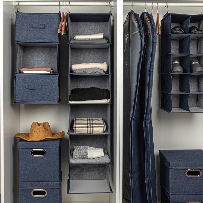 Household Essentials Hanging Cotton Blend Closet Organizer with 3 Storage Shelves, Denim