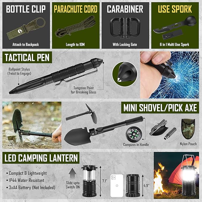Survival Kit, 268 Pcs Emergency Survival Gear and Equipment Supplies with First Aid Kit, Camping Axe, Headlamp, Tent, Crossbody Bag for Camping Hiking, Hunting, Car, Gift for Christmas Men, Dads, Him