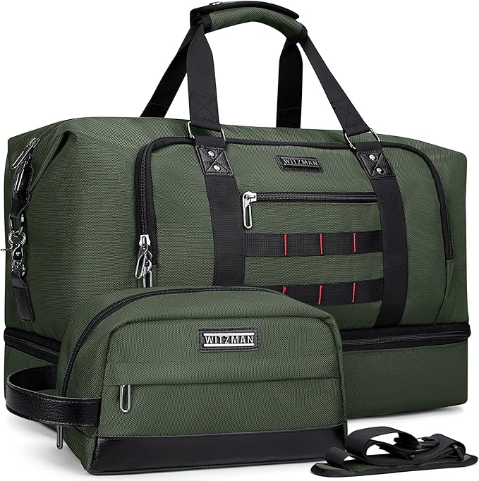 WITZMAN Travel Duffle Bags for Men Weekender Bags with Toiletry Bag Sets Carry On Overnight Bag 55L （B696 Army Green）
