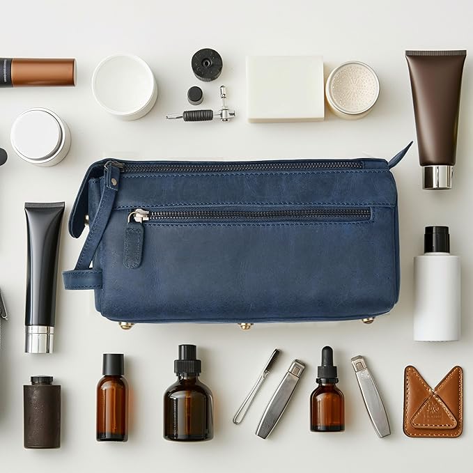 LEATHER VILLAGE Premium Leather Travel Toiletry Bag - Unisex Water-Resistant Travel Dopp Kit, Shaving & Cosmetic Organizer for Men & Women - Compact Bathroom Essentials - Royal Blue