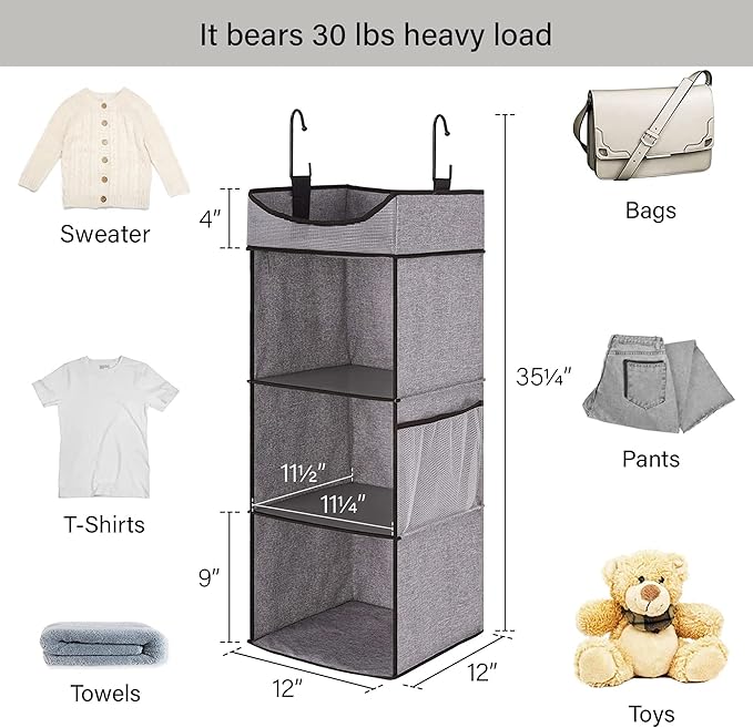 StorageWorks Hanging Closet Organizer, 3-Shelf Shelves with Top Shelf, 12" W x 12" D x 35 ¼"H, Mixing of Brown and Gray