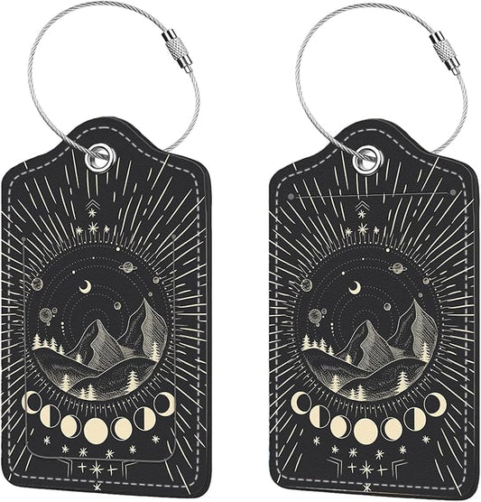 2 Pcs Luggage Tags for Suitcase, Cute Unique PU Leather Travel Bag Tag with Privacy Cover ID Label Address Card and Durable Metal Ring Suitable for Men Women Children Backpack,Mountain Range