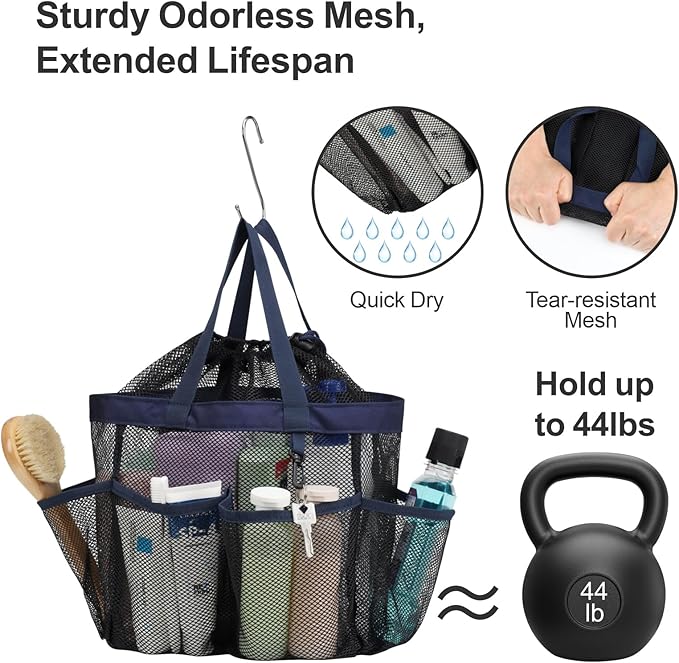 F-color Mesh Shower Caddy Portable with Drawstring - Deeper 7 Pockets Dorm Room Essentials for Guys Girls with S Hook, Shower Bag Tote for College Camping Toiletry Bathroom, Black with Dark Blue