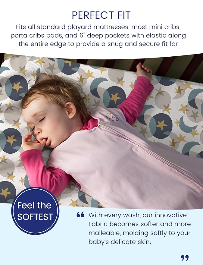 TotAha Space Mini Crib Sheets Fitted, Star & Moon Pack N Play Sheets, Super Stretchy Jersey Knit Playard Sheets, Compatible with Graco Pack N Play Playard Crib and Other Playpen Mattress