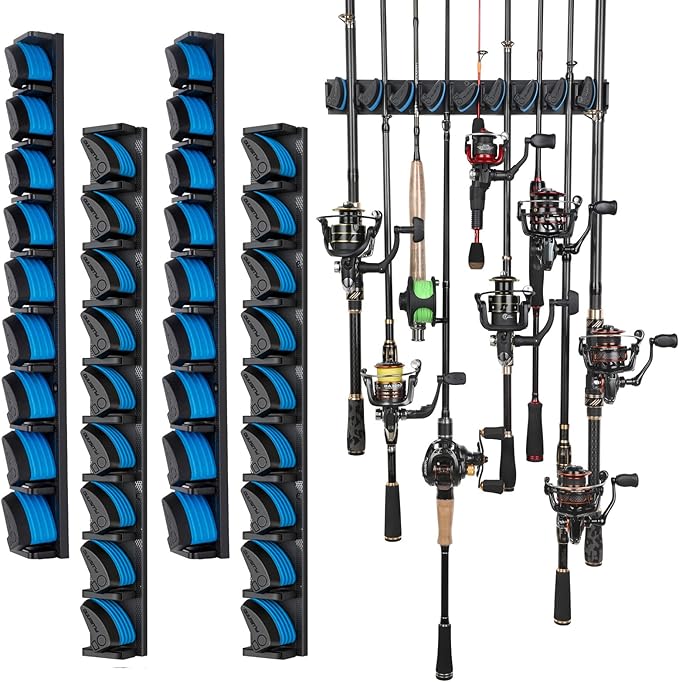 PLUSINNO 4 Pack Vertical Fishing Rod Rack, Wall Mounted Fishing Rod holder, 4 Packs Fishing Pole Holders Hold Up to 36 Rods or Combos, Fishing rod holders for garage, Fits Most Rods of Diameter 3-19mm