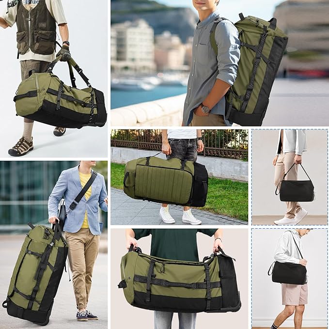 CONTAIL 86L Foldable Wheeled Duffel Backpack with Padded Quilted Bottom, Waterproof Collapsible Travel Duffle Bag with Extended Web Handles,No Telescope Handle,Army Green