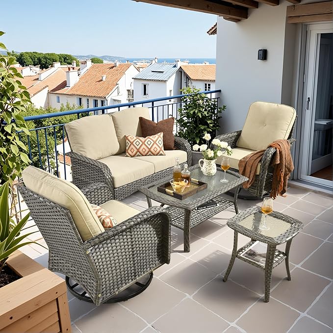 HOOOWOOO Patio Furniture Set,5 Pieces Outdoor Conversation Set,All Weather Wicker Loveseat Sofa Set with High Back Swivel Rocking Chairs Tables,Beige