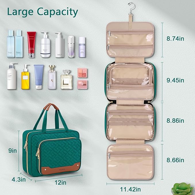Wedama Toiletry Bag for Women, Hanging Travel Toiletry Bag with Jewelry Organizer Compartment Large Makeup Bag, PVC Waterproof Cosmetic Travel Bag Trips Camping Bathroom, Green+Brown