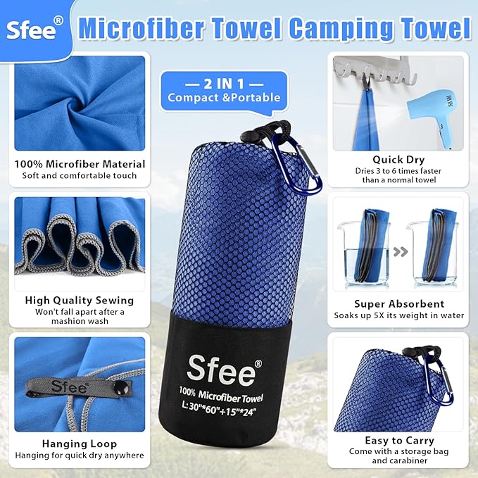Sfee 2 Pack Microfiber Travel Towel, Quick Dry Camping Towel Large Beach Towel Super Absorbent Compact Lightweight Sports Gym Towels Set for Beach, Gym, Hiking, Pool, Backpacking,Bath,Yoga