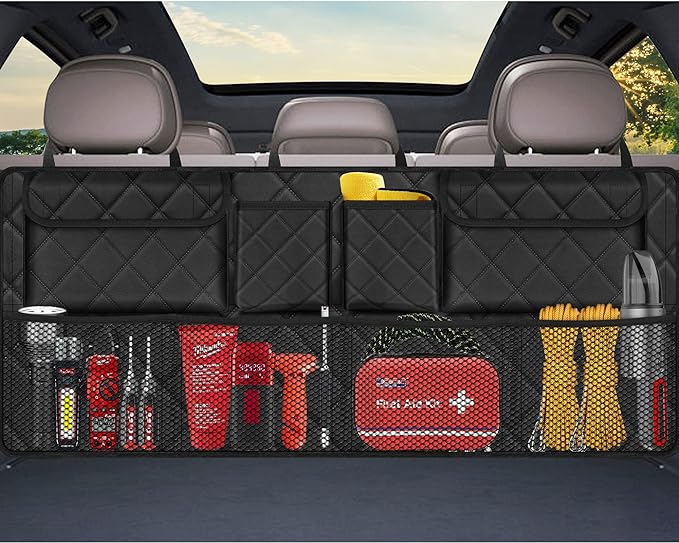 Femuar Car Trunk Organizer, Large Capacity Backseat Trunk Organizer (42"*18"), Collapsible Car Storage Bag with 8 Pockets, SUV/MPV/Truck - Black