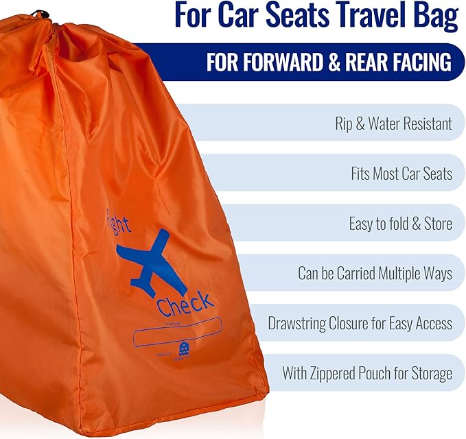 Car Seat Travel Bag and Carrier for Gate Check with Travel Pouch - Bright Orange with Blue Letters for Airport, Airplane Gate Check, Car Trips and Storage Double Backpack Straps | Carseat Bag for sto