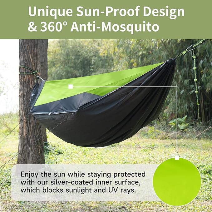 Camping Hammock with Mosquito Net and Sunshade, Backpacking Hammock with Ridge Rope Tree Straps, Lightweight Portable Hammocks for Outside, Hiking, and Travel