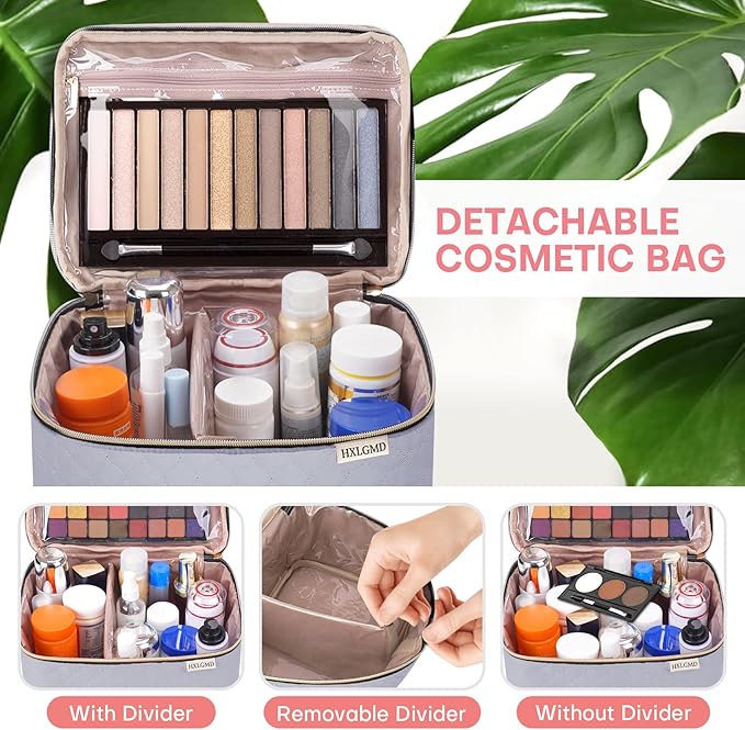 Large Makeup Bag with Mirror Double Layer Travel Make Up Organizer Case, Large Capacity Coemetic with Brush Slot Divider, Travel Toiletry Bag for Women (Grey)