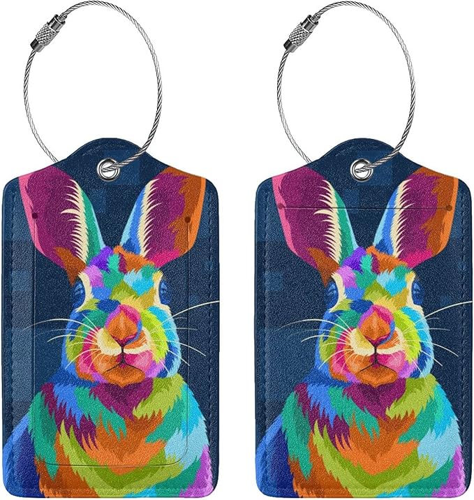 2-Pack Cute Rabbit Bag Tags for Luggage, Colorful Animal Airport Suitcase Baggage Label Tags, Business ID Card Holders Gifts for Women Men Girls Boys Kids Crew
