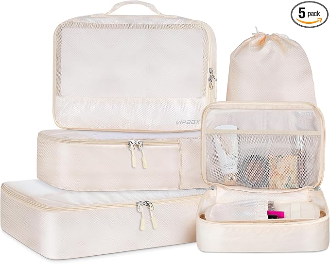 5 Set Packing Cubes Travel for Luggage Durable Suitcases Organizer Bags Lightweight Airplane Travel Vacation Essentials Accessories for Carry on (Cream)