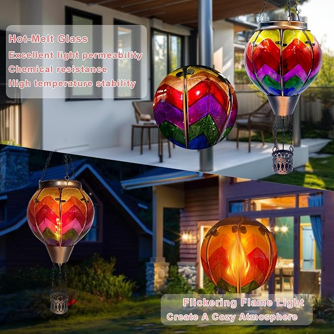 Hot Air Balloon Solar Lantern with Flickering Flame Light Glass Hanging Solar Lanterns Outdoor Waterproof for Garden Tree Yard Patio Party Decor, Color-Wave