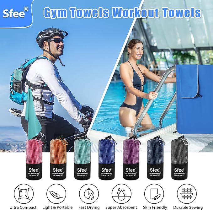 Sfee 2 Pack Camping Towel, Quick Dry Towel Super Absorbent Travel Microfiber Towels, Fast Drying Compact Soft Lightweight Sports Towel Set for Beach, Hiking, Travel, Gym, Backpacking, Pool +Carabiner