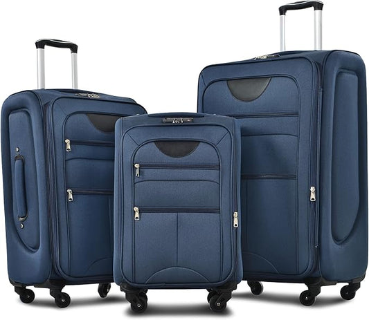 Merax Softside Luggage Set Softshell Lightweight 3 Piece Spinner Suitcase 22" 26" 30" Deep Blue