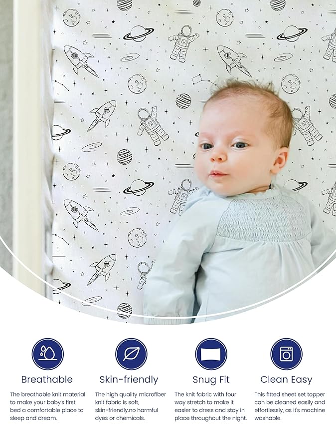 TotAha Premium Stretchy Space Crib Sheets (2-Pack)-Hypoallergenic, Silky Comfort, Buttery Soft, Calming Effect, All-Season Jersey-Knit Sheets, 9'' Extra Deep Pocket