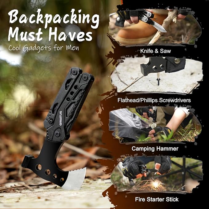 Camping Multitool Accessories Stocking Stuffers for Men 16 in 1 Multi Tool Survival Gear with Axe Hammer Pliers Saw Screwdrivers Bottle Opener Whistle with Sheath for Hiking, Gifts for Men Dad Him