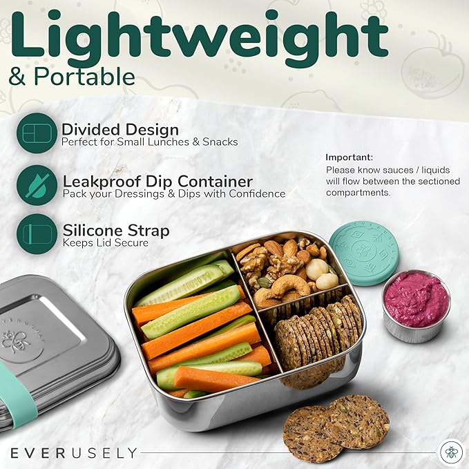 Everusely - Bento Box - Green, 27oz / 0.8 L - Stainless Steel Lunch Box with Leakproof Condiment Container - 3 Compartment Snack Organizer for On the Go Meals - Freezer & Dishwasher Safe