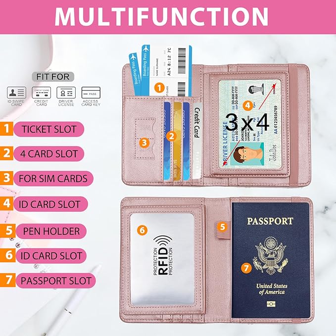 Melsbrinna Rfid Passport Holder for Travel women/Men, Cute Passport Wallet Rfid Blocking Card Slots, Rfid Passport Cover/CaseTravel Wallet, Passport Book Holder (1, Pink2)
