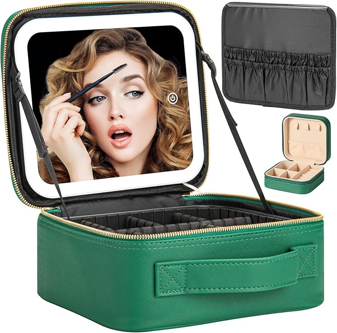 Makeup Travel Train Case with Mirror LED Light 3 Adjustable Brightness Large Cosmetic Bag Portable Storage Adjustable Partition Waterproof Makeup Brushes Make up Jewelry Gift for Women