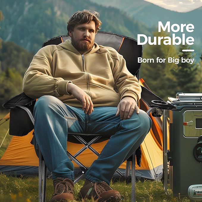ALPHA CAMP Oversized Camping Chair Heavy Duty Lawn Chair with Cooler Bag Support 450 LBS Steel Frame Collapsible Padded Arm Quad Lumbar Back Folding Chair for Lawn Outdoor