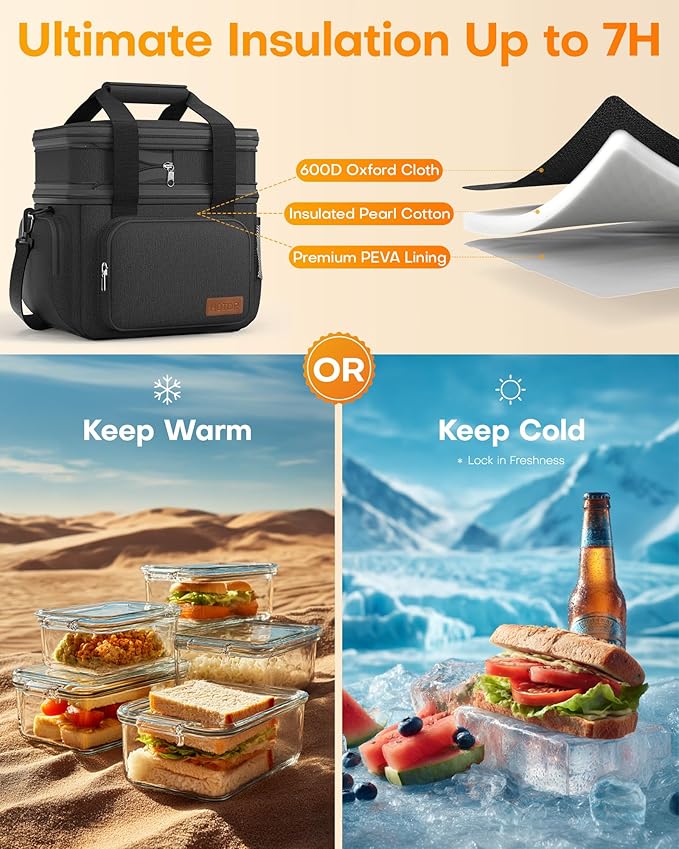 HOTOR Lunch Box for Men and Women - Leak-Proof Insulated Lunch Cooler Bag with Adjustable Strap, Multiple Pockets for Office, Picnic, Hiking, Beach, 2 Layer, 17L, Black, 12.2" x 7.9" x 10.6"