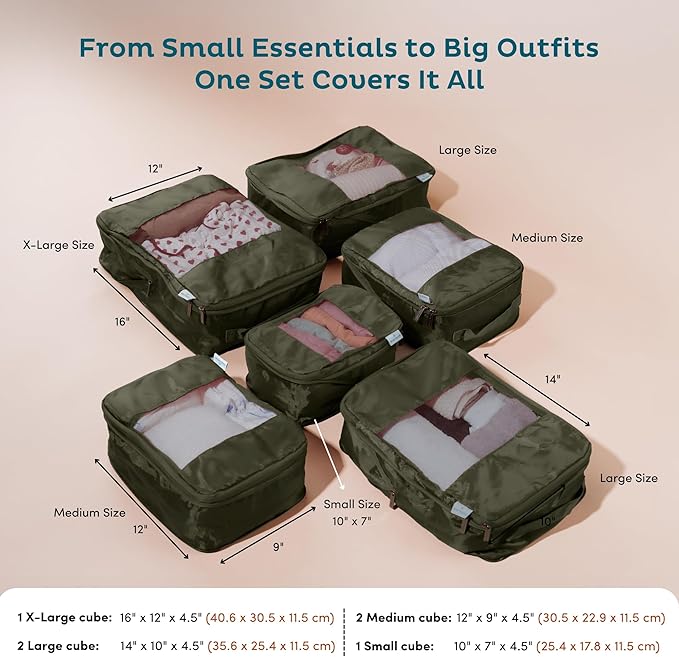 6-Pack Compression Packing Cubes Travel Essentials - Lightweight, Water-Resistant Luggage Organizer Bags with Handles, Durable Travel Accessories Suitcase Organizer (Olive)
