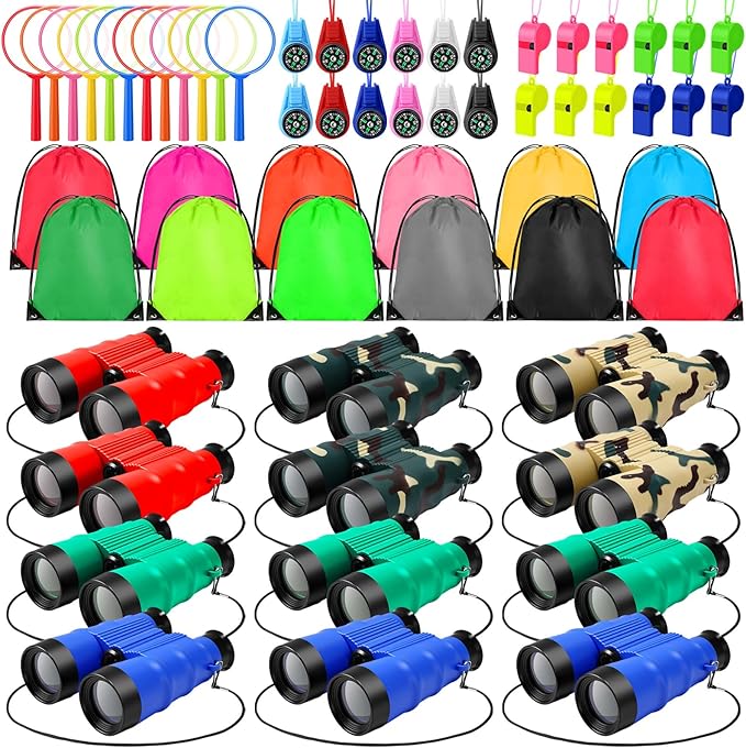 12 Set Binocular Compass Magnifying Glass Set Christmas Birthday Gift Small Telescope Binocular with Whistle Bag for Outdoor Exploring Stocking Stuffer(Fresh Color,Vivid)
