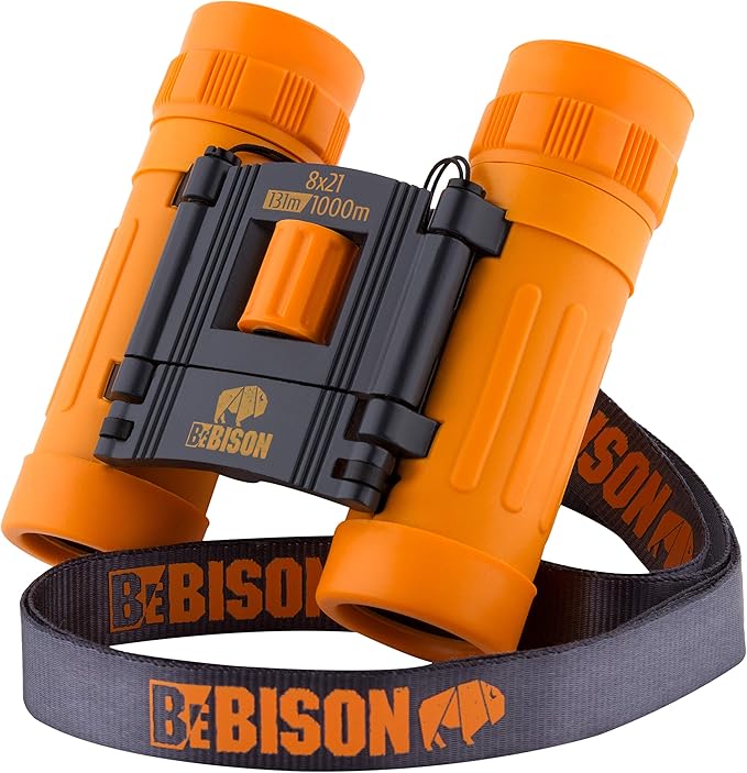 BeBison Binoculars for Kids - 8x21 High Resolution Real Optics - Compact Folding Shockproof Kids Binoculars for Bird Watching - Spy Games - Outdoor Play for Boys and Girl