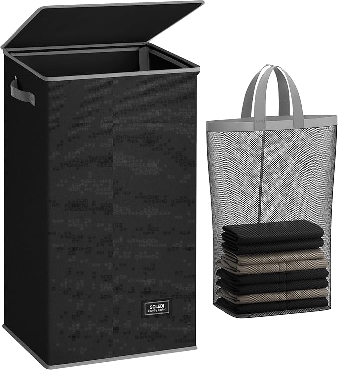 SOLEDI Laundry Hamper Black with Lid and Removable Bag - 100L Large and Tall Laundry Basket Collapsible with Handle for Clothing and Toys Storage - Dirty Clothes Hamper for Bedroom, bathroom, dorm