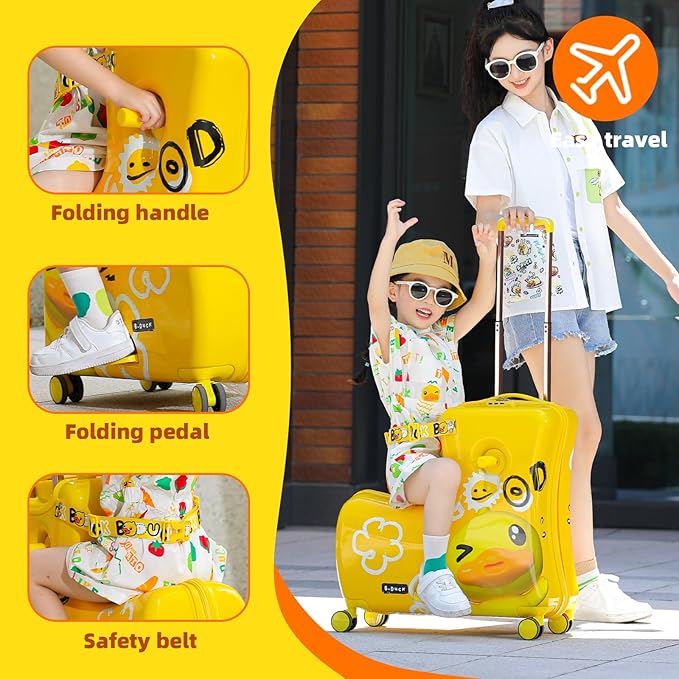Kids' Lightweight Ride on Luggage with Spinner Wheels & Foldabe Design (Yellow Good, 20"+ Aged 1-3 Toddler)