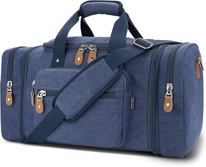 Gonex Canvas Duffle Bag for Travel 50L Expandable Duffel Weekend Overnight Bag men (Blue)