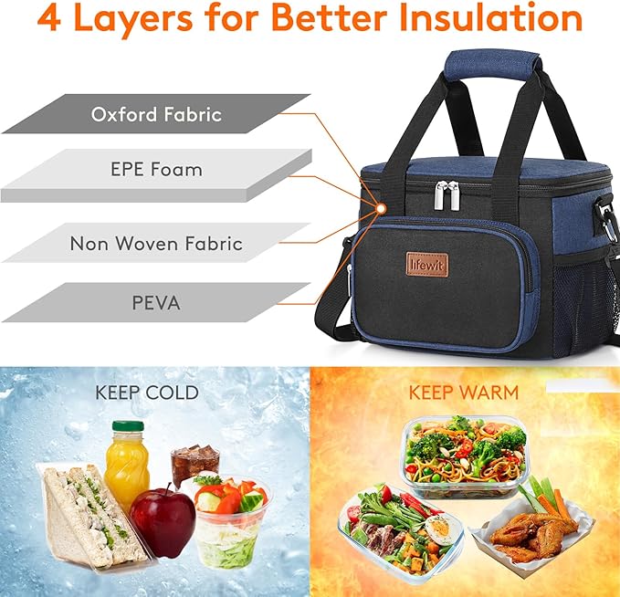 Lifewit Medium Lunch Bag Insulated Lunch Box Soft Cooler Cooling Tote for Adult Men Women, Black and Blue 12-Can (9L)