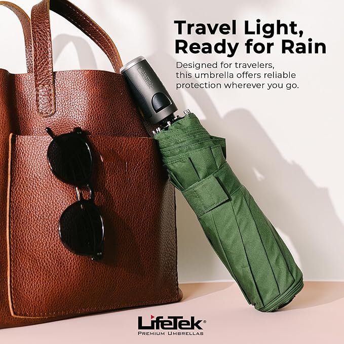 LifeTek Premium Travel Umbrella - Windproof & Compact for Men & Women, Automatic Open Close, Fits in Purse Laptop Bag or Backpack, Strong Frame for Heavy Rain & Sun UV Protection