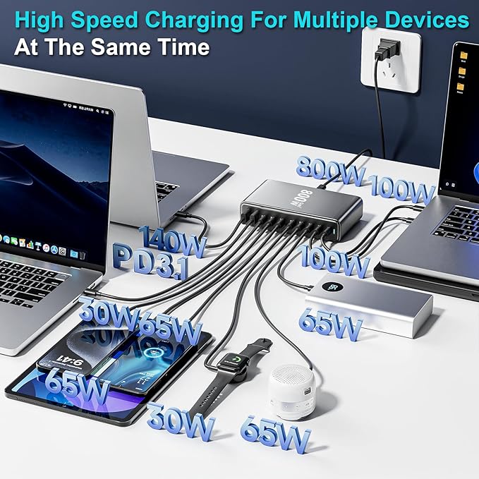 800W USB C Fast Charger Block, 10 Port USB Charging Station, GaN Ⅲ Pro Double 140W PD PPS Port Fast Charging Station,Laptop Wall Charger Compatible with HP,DELL,MacBook Pro,iPhone 17,Galaxy S24