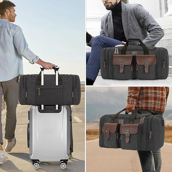 Canvas Duffle Bag for Men 60L Travel Duffel Bags Expandable Genuine Leather Duffel Overnight Weekender Carry On Bag Two Zipper Pockets Travel Bag (Black, X Large-60L)